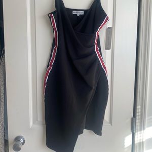 Black form fitting Asymmetrical dress with Racer stripe